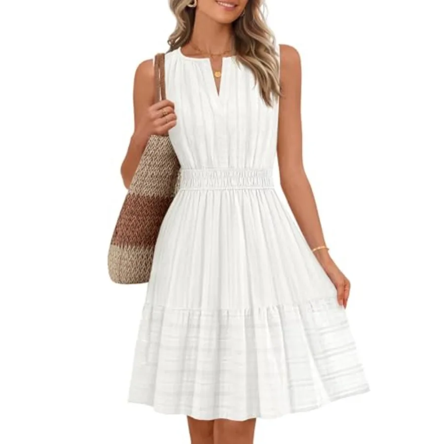 MEROKEETY Women's 2026 Summer Casual Mini Sundress Beach Vacation Sleeveless V Neck Flowy A Line Dress with Pockets 1