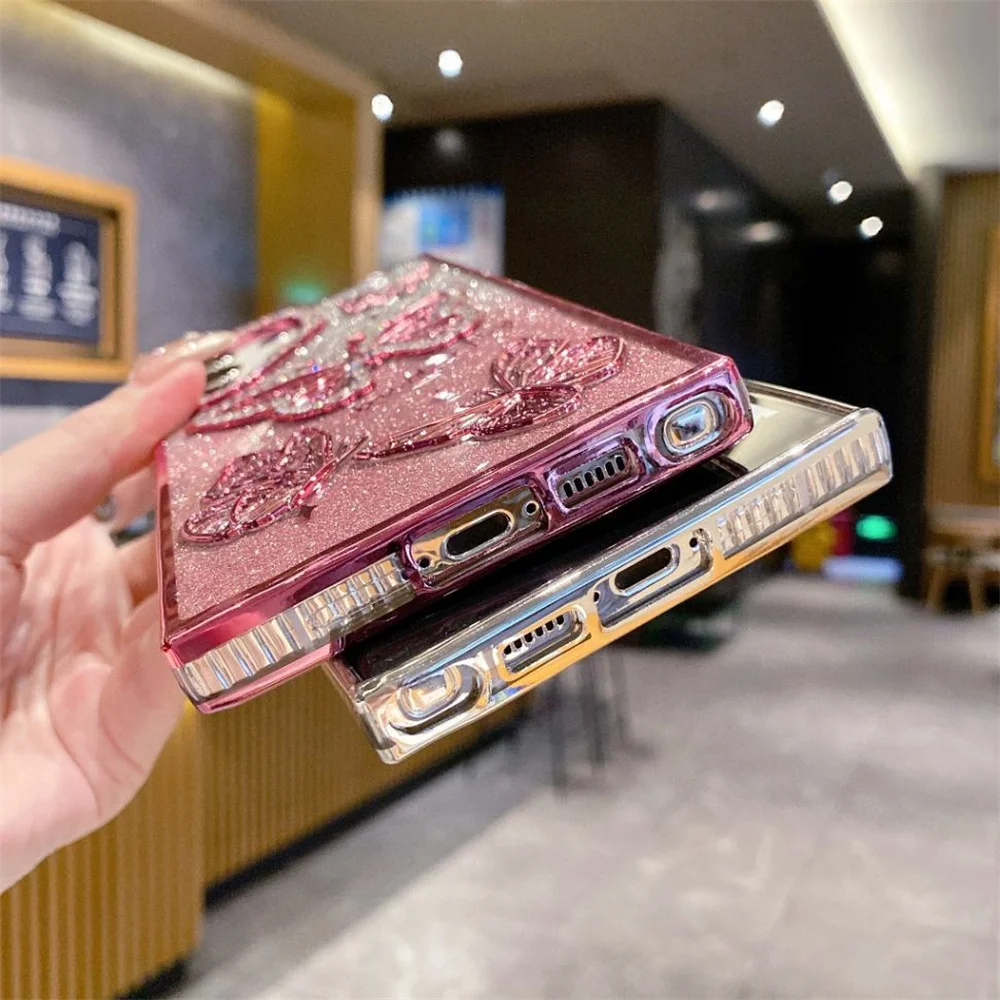 Cute Cartoon 3D Butterfly Diamond Glitter Gradient Phone Case with Plating Trim