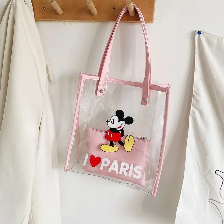 Trendy Transparent Single Bags Disney Brand New Design Mickey Mouse Printed Handbags Cute Fashion Women Cute PVC Casual Totes