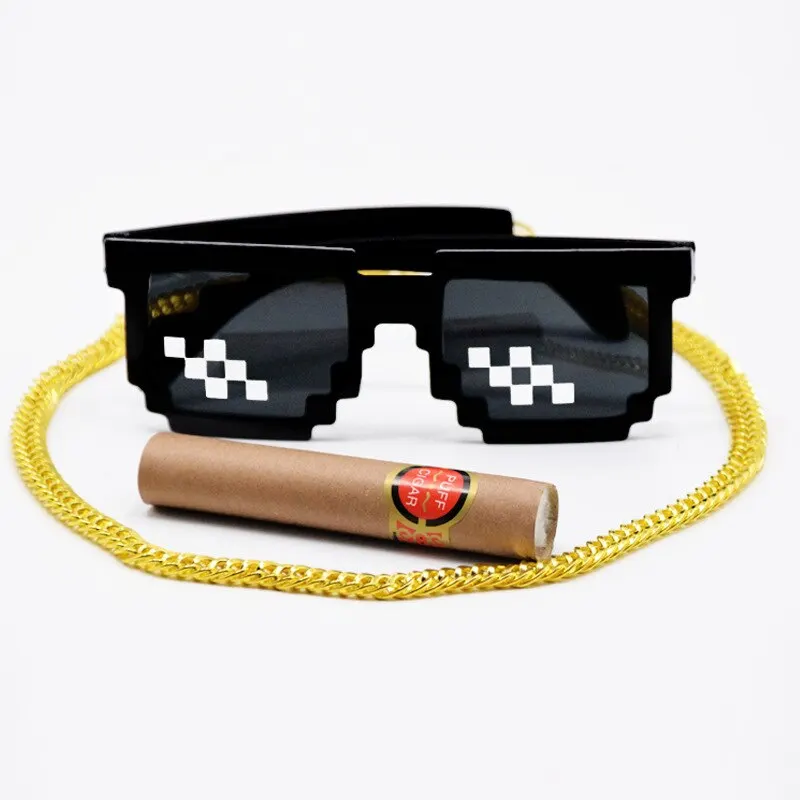3 Pcs Set Sunglasses Necklace Cigar Party Festival Performance Mosaic Pixel Black Retro Gamer Robot Vintage Shade