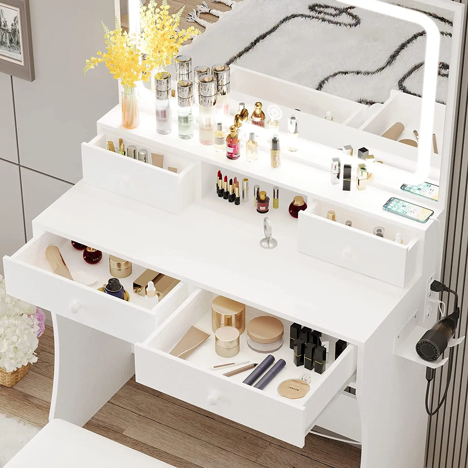 Vanity Desk with LED Lighted Mirror Power Outlet 4 Drawers Dressing Makeup Table Set with Storage Stool and Hair Dr LIKIMIO