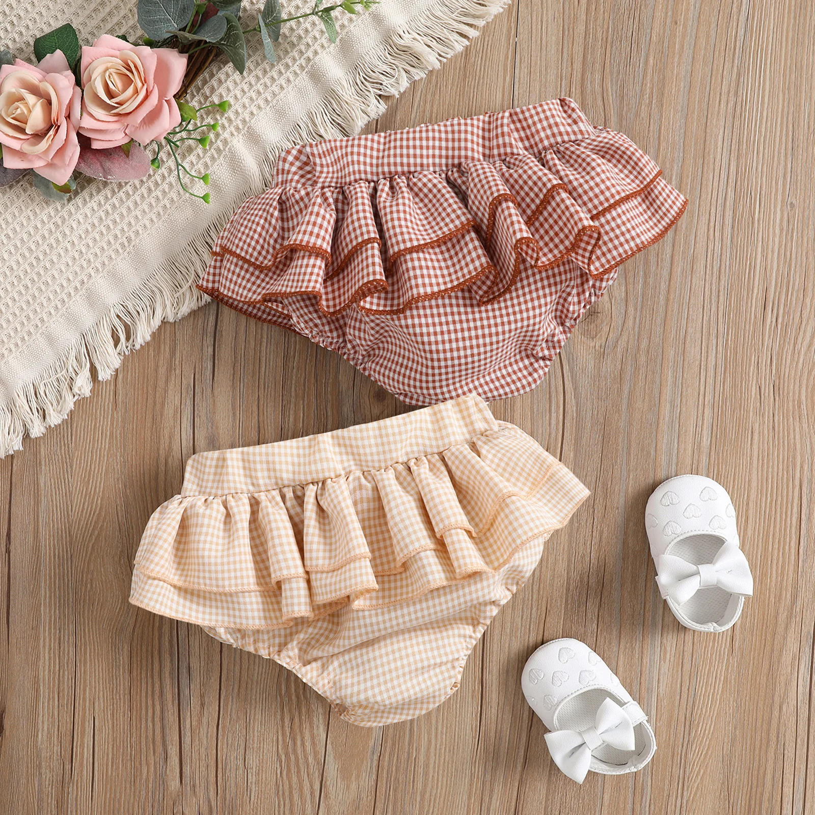 Infant Baby Girl Summer Shorts Plaid Pattern Ruffled Edges Elastic