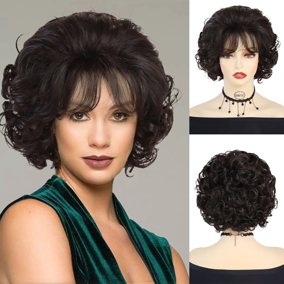 

GNIMEGIL Synthetic Short Bob Wig for Women Natural Curly Wig with Bangs Dark Brown Elegant Mommy Wig Fancy Dress Party Cosplay