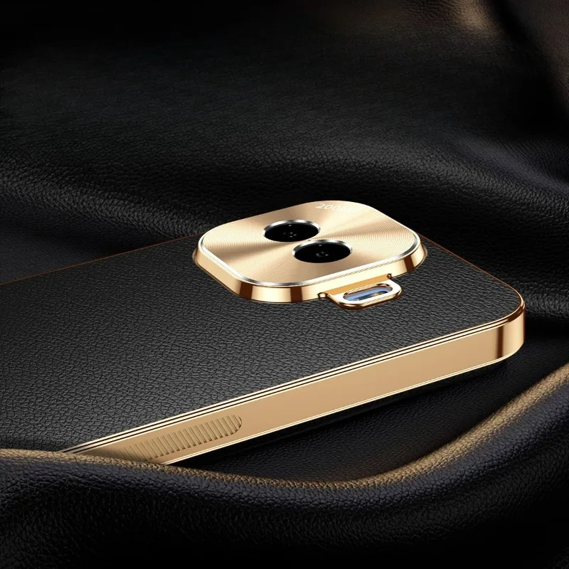 Premium Plating PU Leather Texture Non-Slip Lens Protection Case with Lichee Pattern & Shockproof Bumper