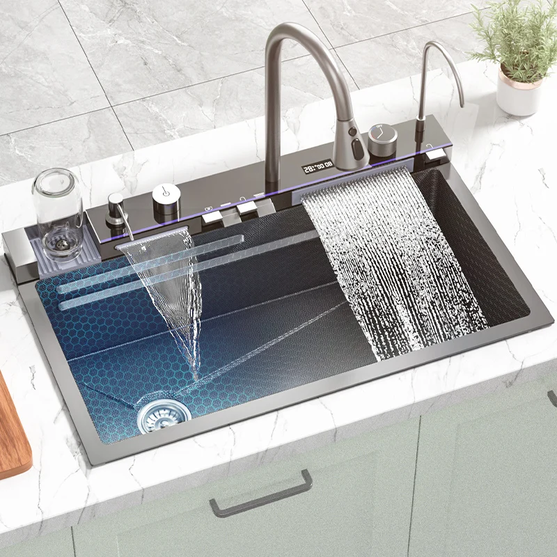 

Kitchen Sink Stainless Steel Double Waterfall Single Slot Integrated Digital Display Faucet Set Kitchen Accessories Cup Washer