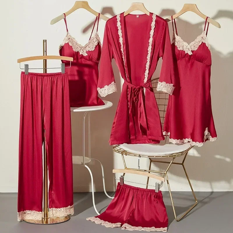 Ice Silk Pajamas Women'S Summer Thin Sexy Lace Sling Nightgown Five-Piece Set Korean Version Long-Sleeved Home Clothes Smooth