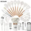 44pcs Premium Silicone Kitchen Utensil Set With Wooden Handles And Knife - Heat-Resistant, Non-Stick Friendly Cooking To - White