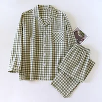 2026 New Japanese Spring and Autumn Couple Pajama Set 100% Cotton Men's and Women's Plaid Long Sleeve Two Piece Home Furnishing - Image 3