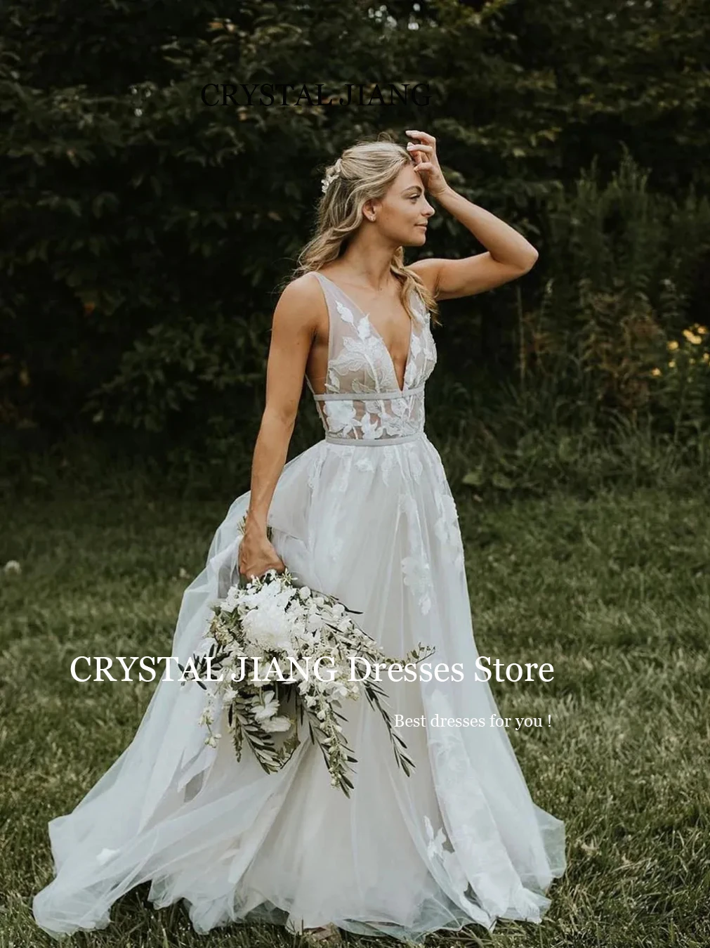 

Elegant Long Hobo Wedding Dresss V Neck Tulle Sleeveless Backless with Flower Applique A Line Sweep Train Dress for Women