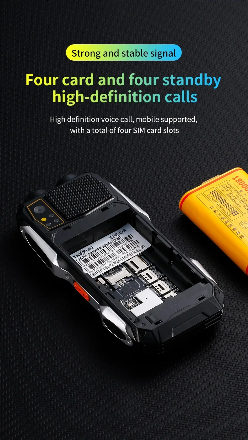 YEEMI Q9 GSM 2G Rugged Network Mobile Phone 4 SIM Cards Rugged Bar Cellphone 3.5Inch HD Display Big Battery Loud Voice Celulares