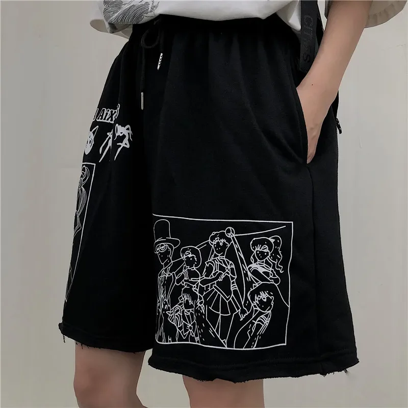 2024 Letter Cartoon Sports and Leisure Loose Wild Student Was Thin High Waist Shorts Printed Shorts Loose Elastic Waist Shorts