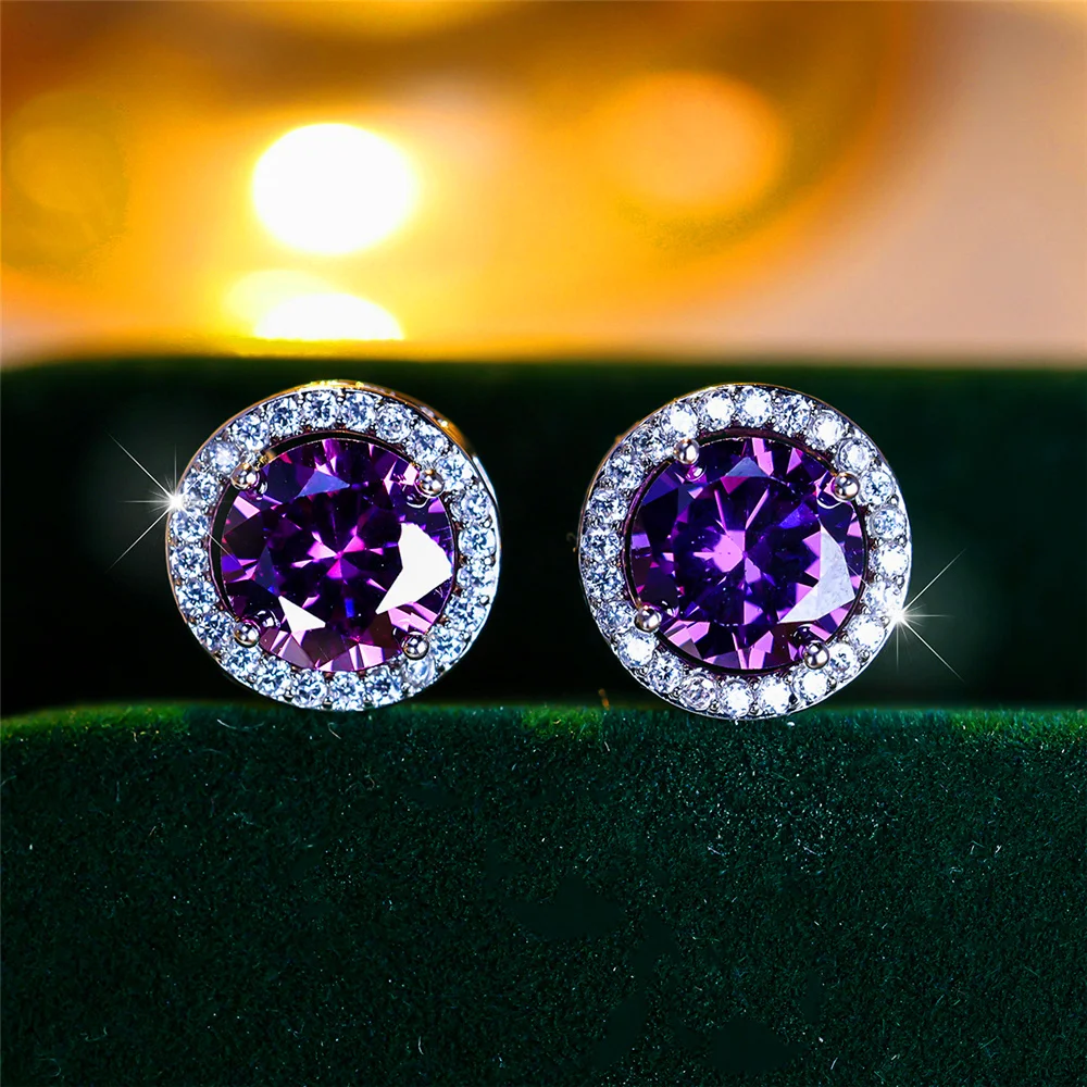 Luxury Female Crystal Purple Black Round Stud Earrings Silver Color Wedding Jewelry For Women
