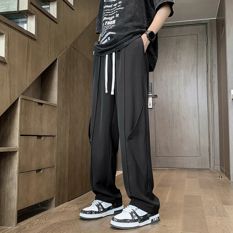 Fashion Solid Color Spliced Lace Up Casual Pants Men's Clothing 2024 Spring Summer New Loose All-match Elastic High Waist Pants