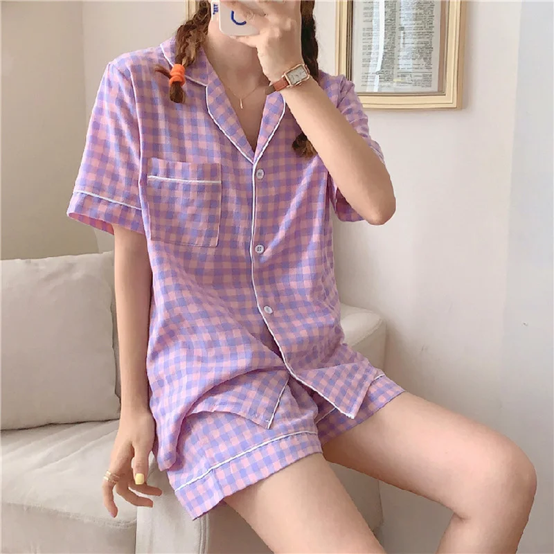 Women Pyjama Set Cotton Short-sleeve Summer Plaid Pajamas Women's Two Piece Sets Home Wear Suits Sleepwear