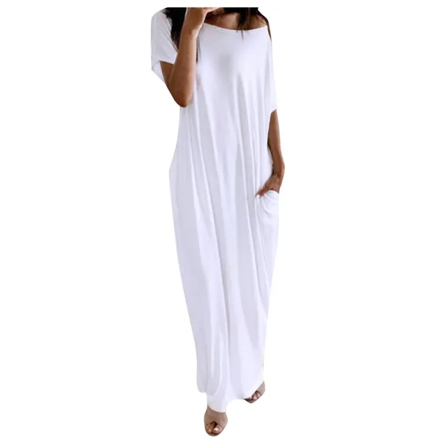 Women Summer Slash Neck Short Sleeve Pocket Long White Dress Female Casual Loose Home Dress Robe Off Shoulder T-Shirt Maxi Dress 2