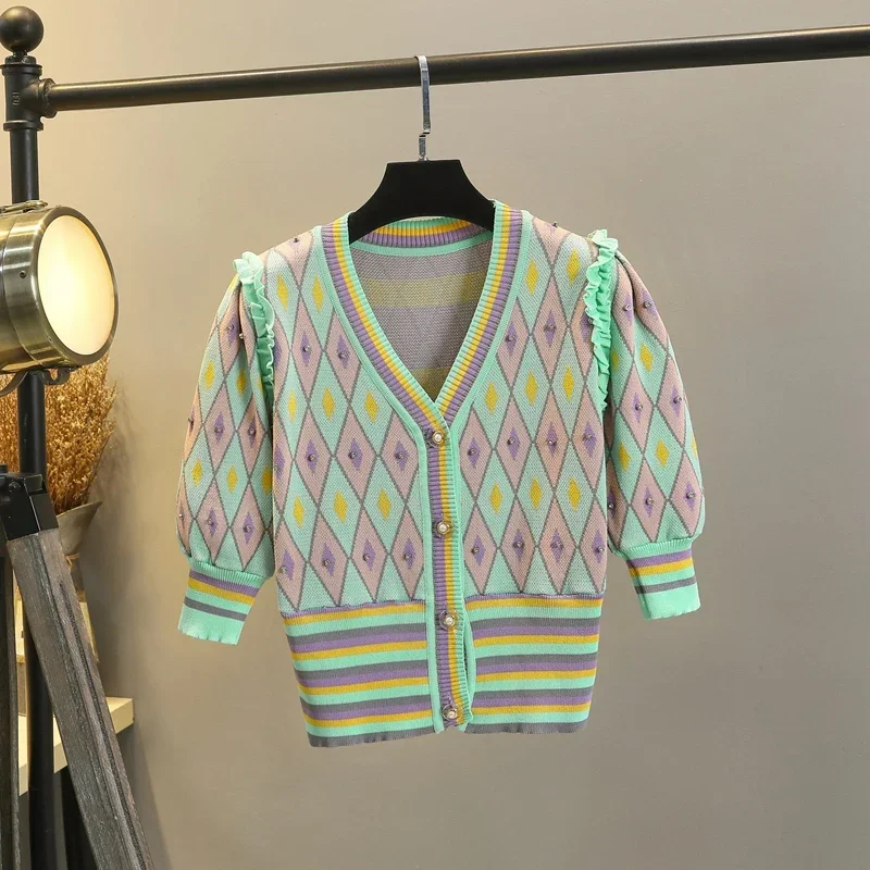 

Beading Argyle Plaid Knitted Cardigan Top Women Summer Short Sleeve V-Neck Single Breasted Ruffles Sweater Elegant Blusas V1135