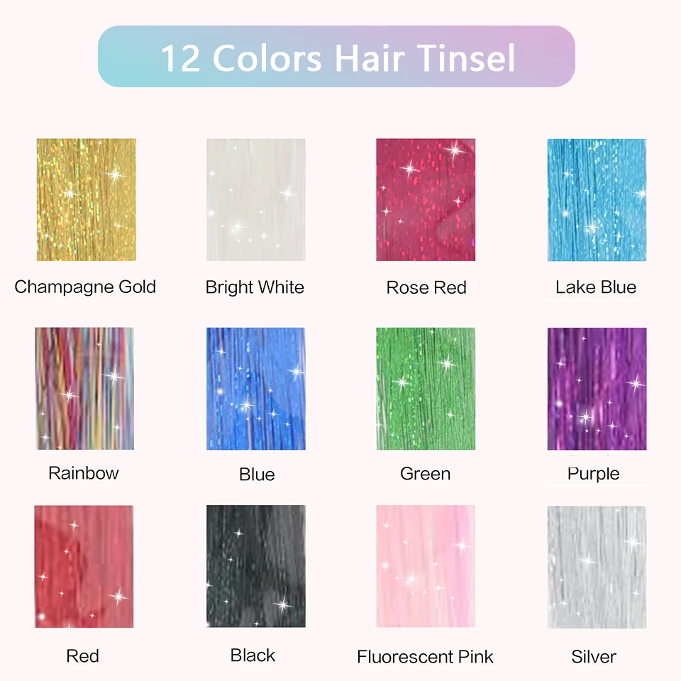 48 Inch Synthetic Hair Tinsel Kit With Tool 1200 strands Tinsel Hair Extensions 12 Colors Fairy Sparkling Shiny hair extensions