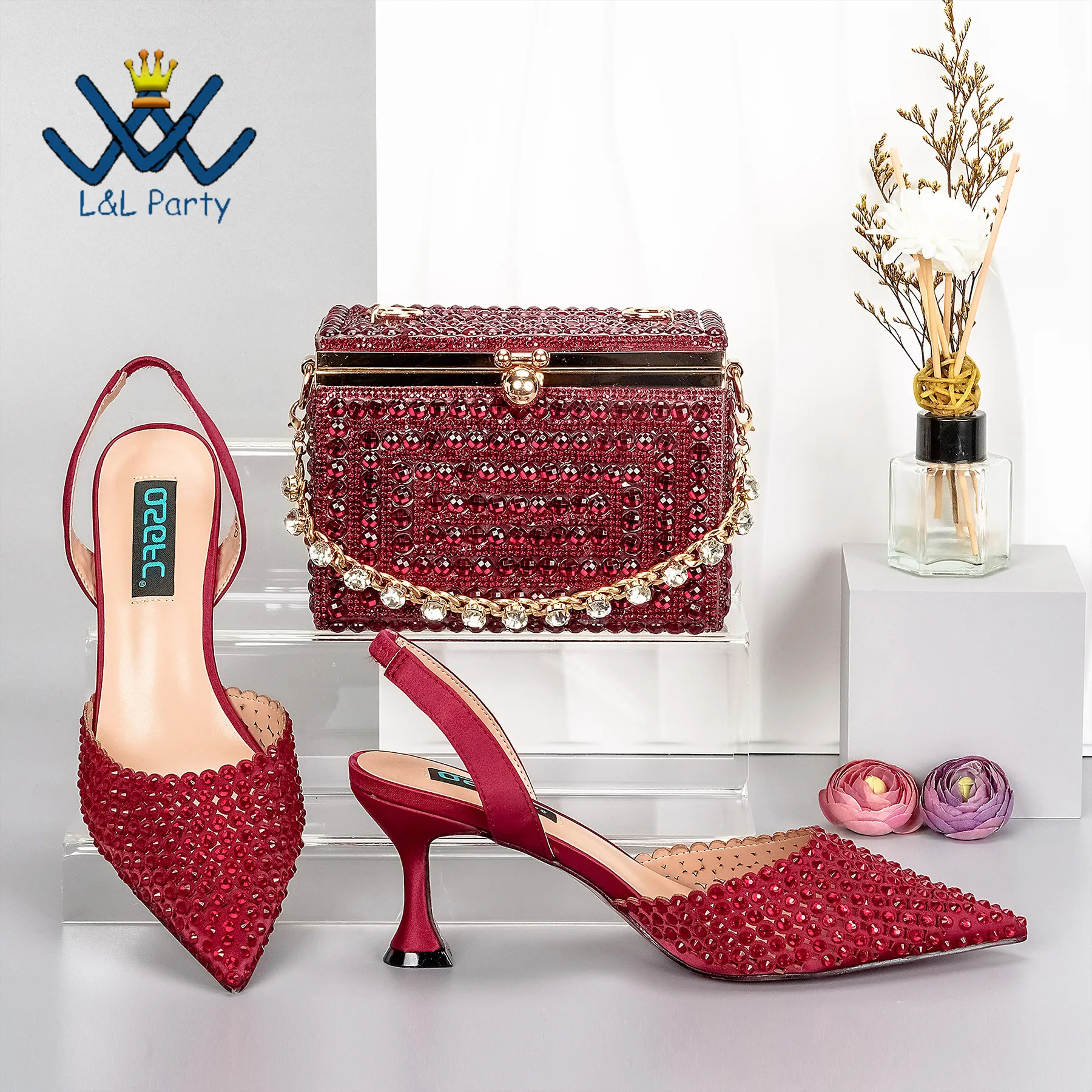 Navy Blue Color 2024 Autumn New Coming Hot Sale Sweet Ladies Shoes and Bag Set Party Pumps with Shinning Crystal for Wedding