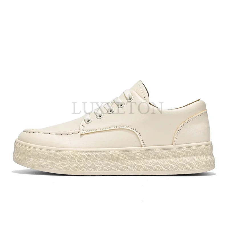 

2023 New Leather Men Walking Shoes Soft Sole Thick Platform Round Head Breathable White Jogging Sneakers Sports Simple Trainers
