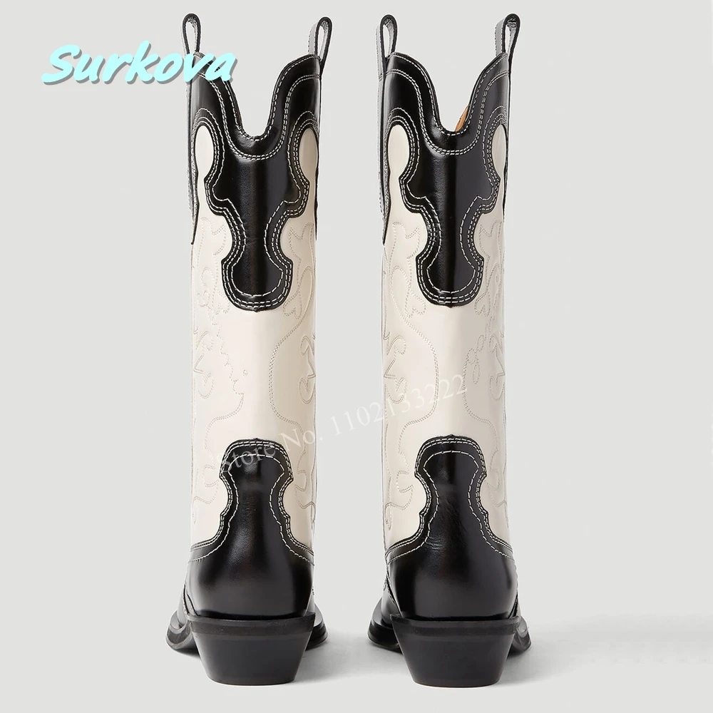 2024 Embroidered Leather Cowboy Boots Pointed Toe Square Low Heel Plus Size Western Boots Fashion Women Shoes Mid Calf Boots