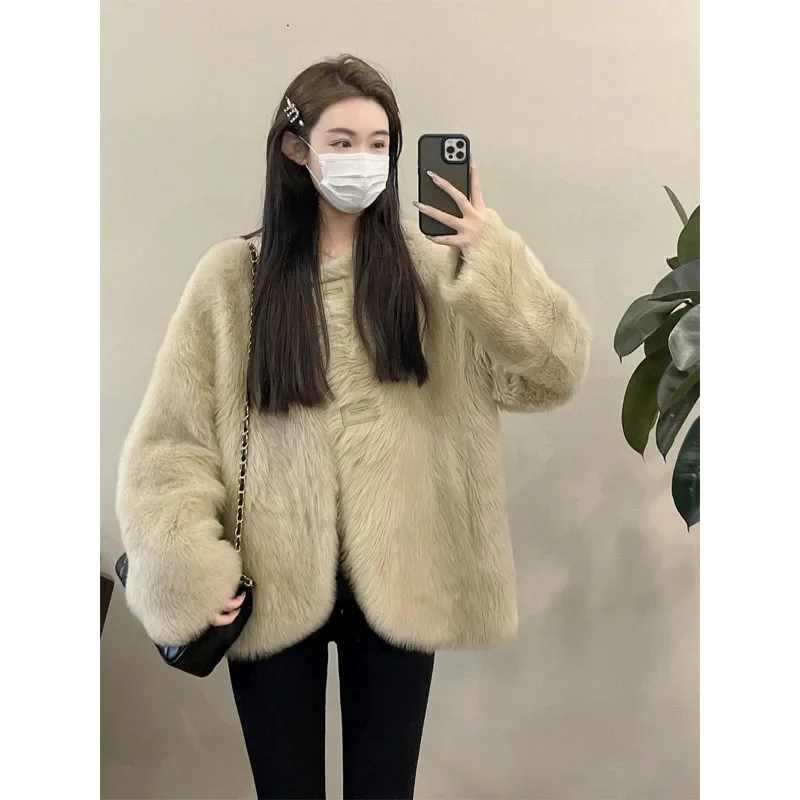 High-End Fashion Retro Solid Color Round Neck Long Sleeve Women's Faux Fur Coat Spring Autumn Commute Single Breasted Lamb Coat