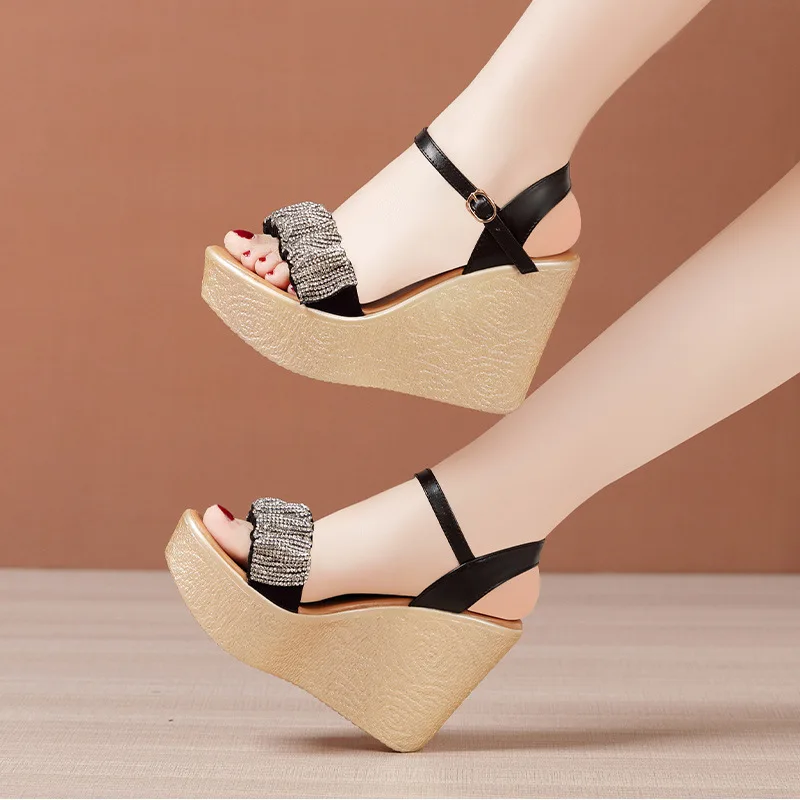 High quality summer wedge sandals for women 11cm high heel new 2024 size 32 33 42 43 platform open toe elegant shoe black