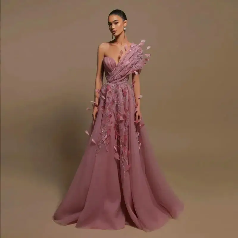 

2023 Couture Mauve Prom Gown Formal Party Dresses with Feathers Beading One Shoulder Elegant Dress Women for Wedding Party Gowns