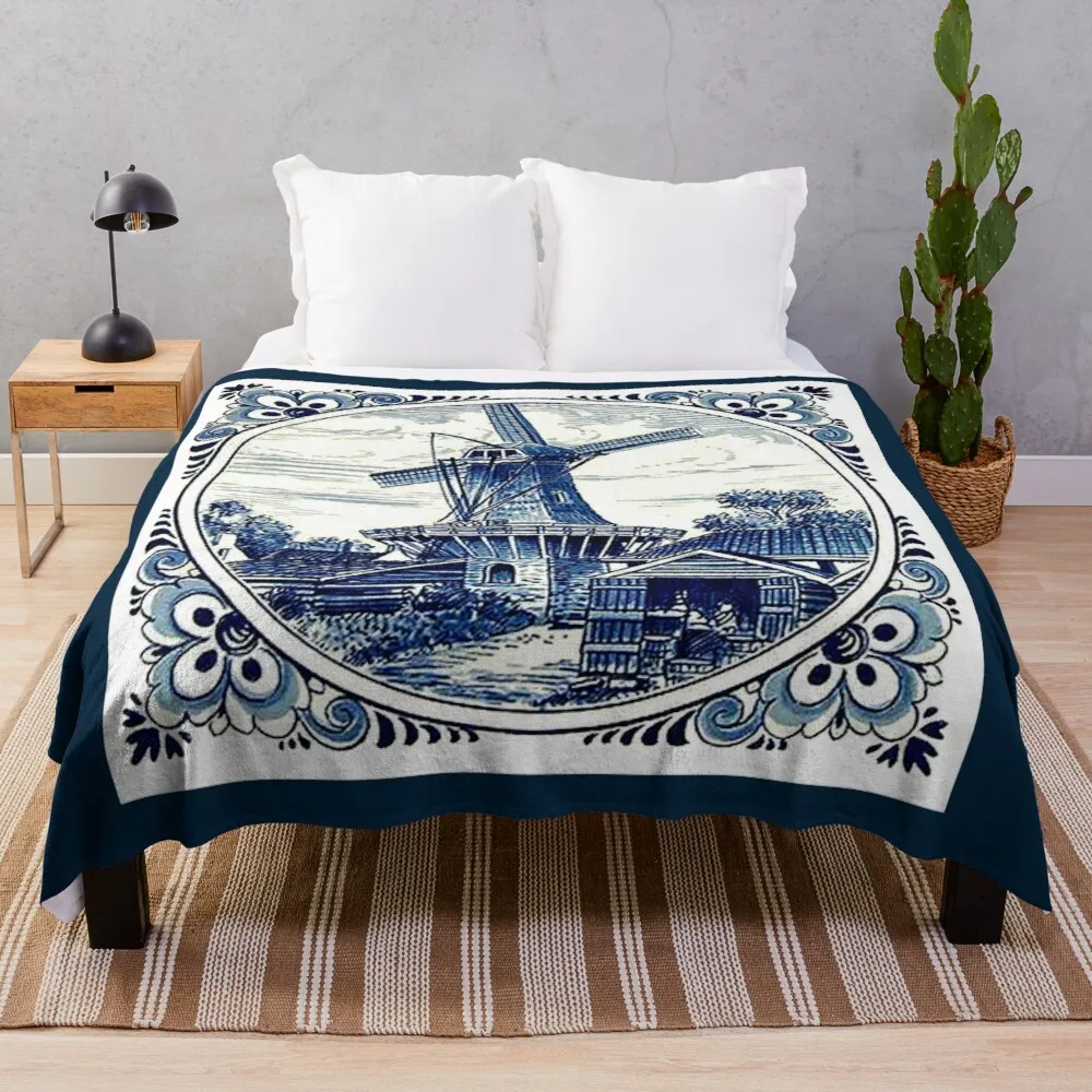 Dutch Blue Delft: Coperta Vintage Windmillprint Coperta Decorativa Per Divano Coperta Per Divano Gigante Coperte Per Divano