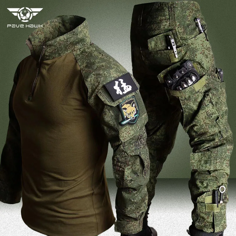 

RU Camo Cargo Sets Men Spring Autumn Breathable Long Sleeve T-shirts+Multi-pocket Straight Pants 2 Pcs Suits Combat Tactical Set