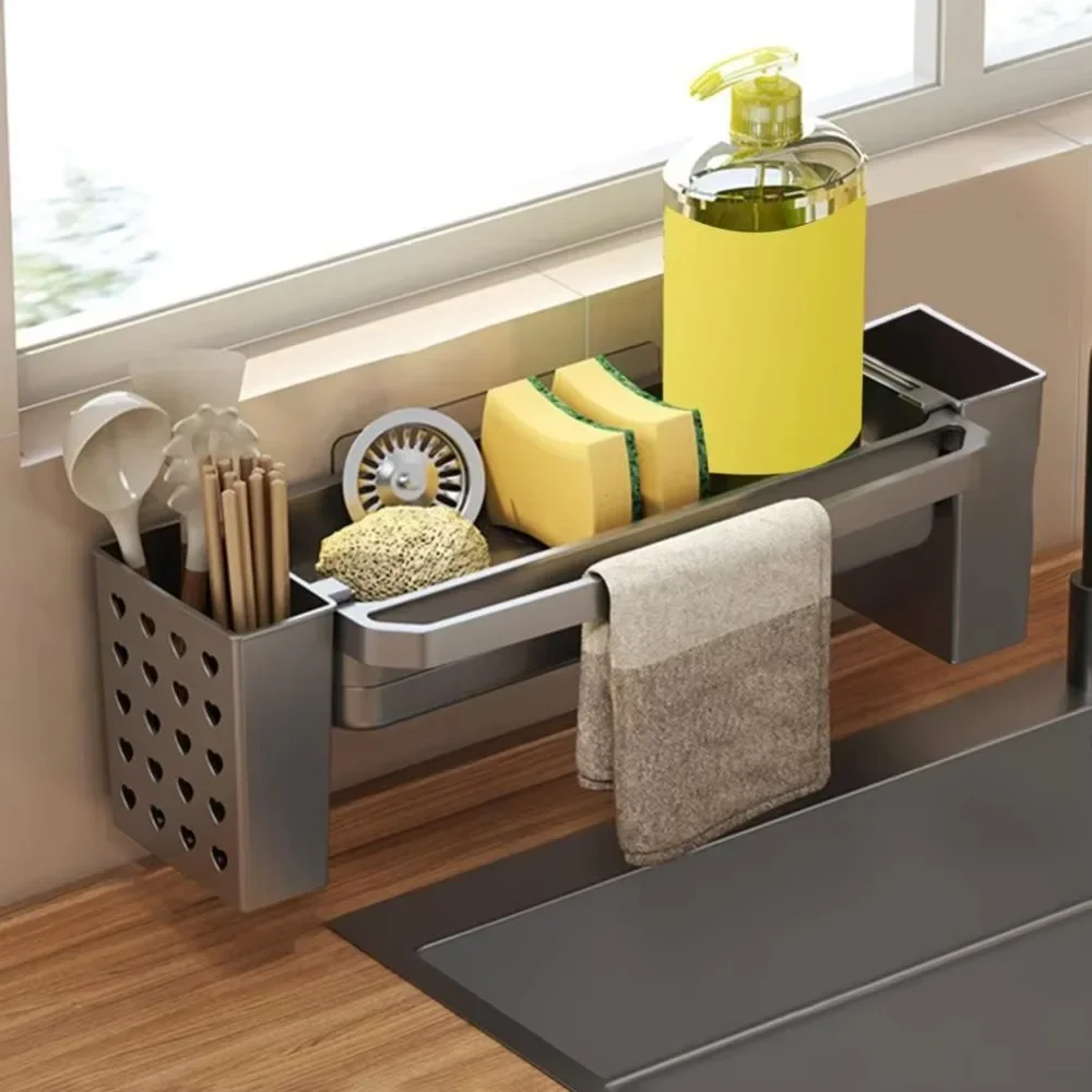 Kitchen Sink Storage Rack Wall Mount Waterproof Sponge Holder Multi Functional Dishcloth Shelf Self-Draining Sink Storage Rack 3