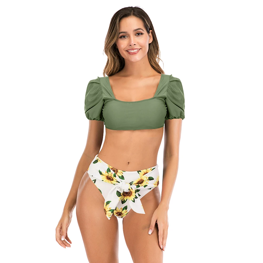 TYAKKVE 2024 Sexy Women Swimsuit High Waist Bikini Puff Sleeve Swimwear Beach Bandeau Thong Brazilian Bikini Set Bathing Suit