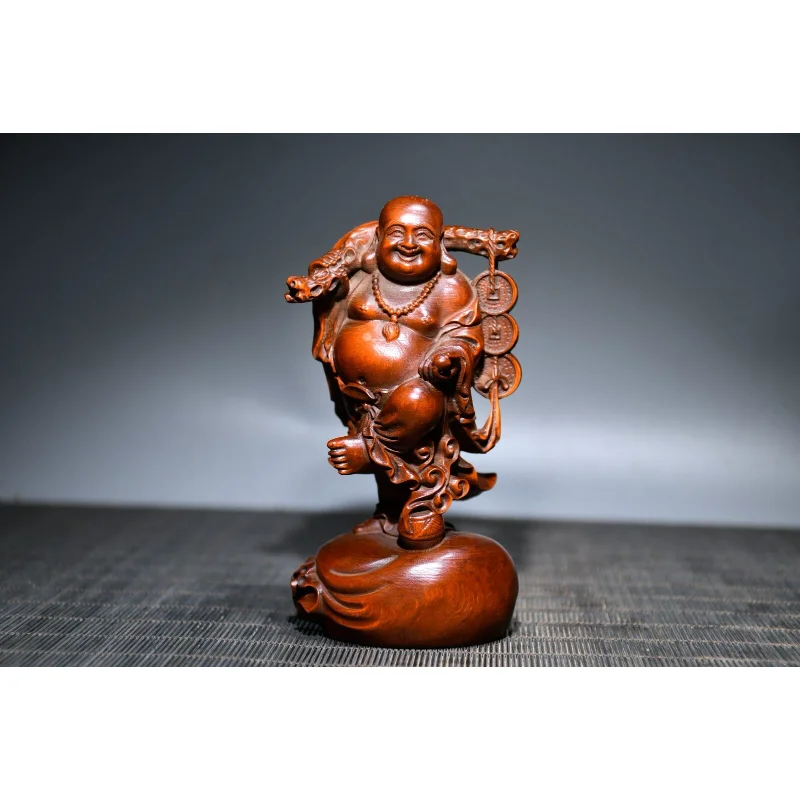 

4.7"Collect China Box-wood Hand Engraving Buddhism Maitreya Buddha Moneybag Wealth Statue Craft Gift Decoration Home Decore