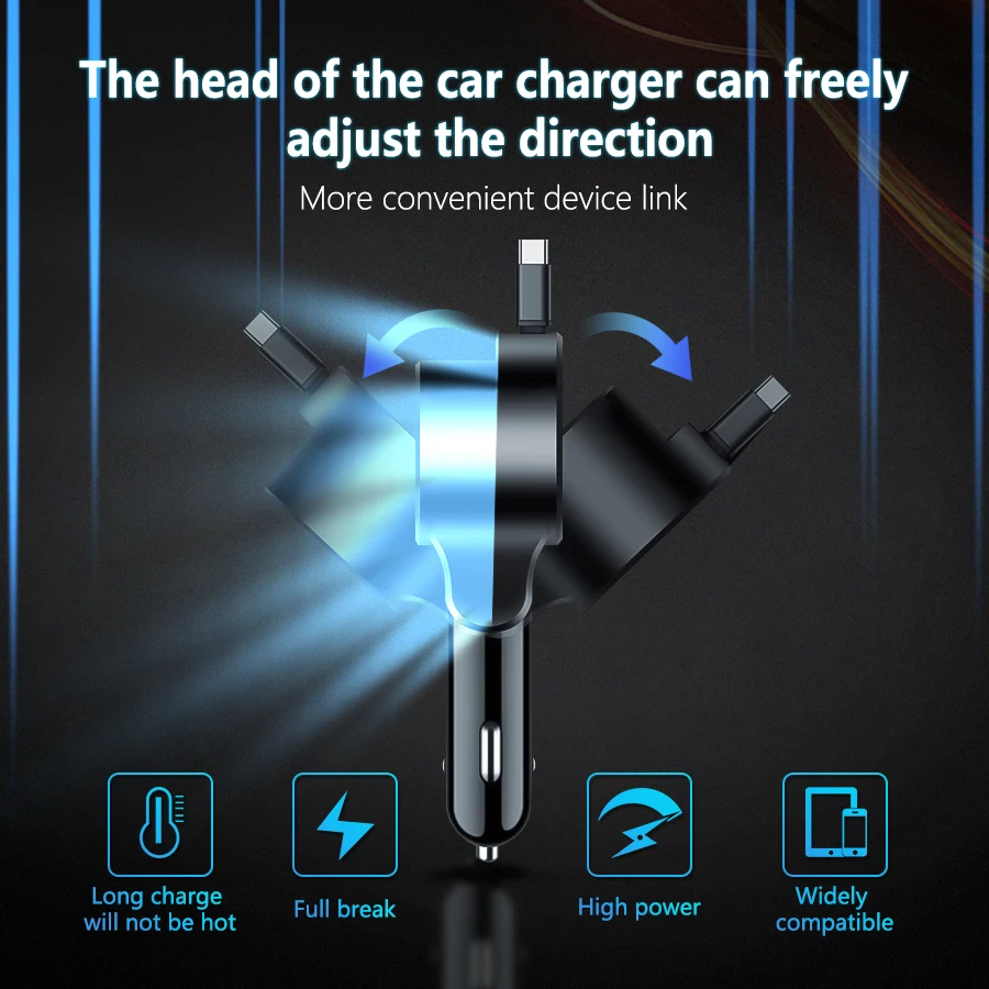 3 In 1 Voltage Detection Car Charger Adjustable Super Fast Retractable Phone Charger USB QC3.0 Type C PD USB C Fast Charging