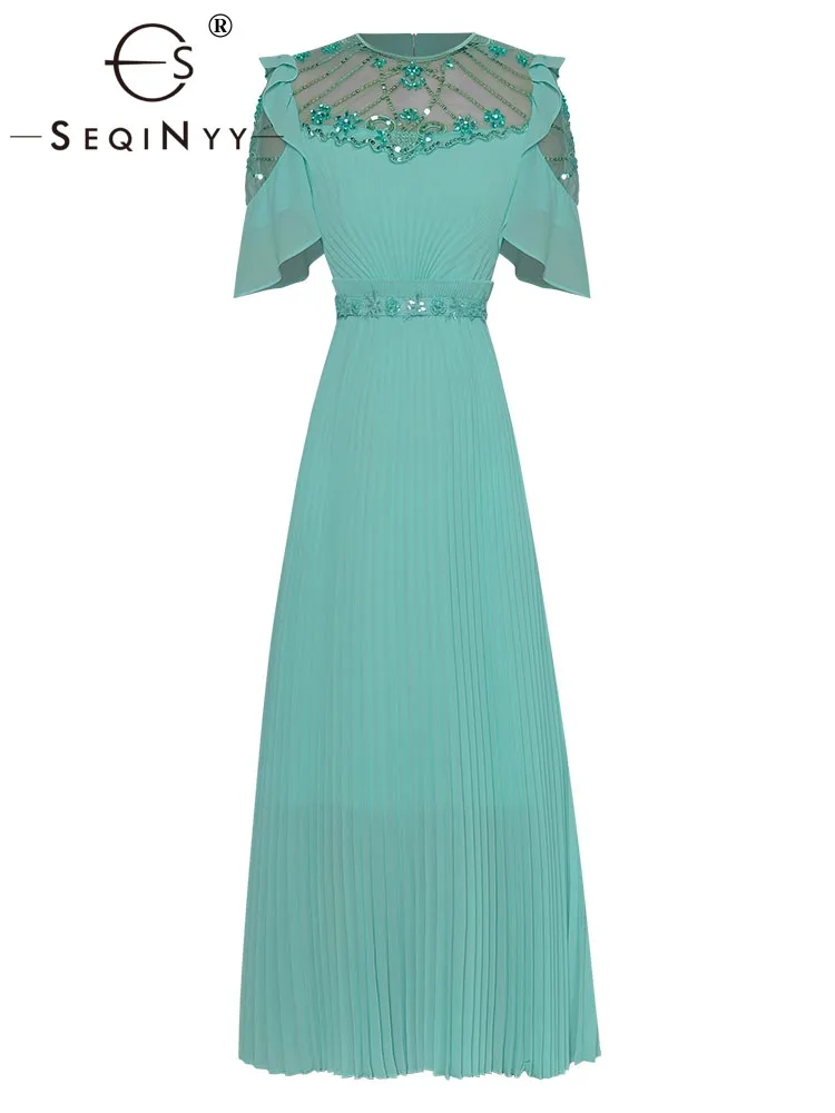 

SEQINYY Pleated Midi Dress Summer Spring New Fashion Design Women Runway High Street Vintage Embroidery Flowers Sequined Ruffles