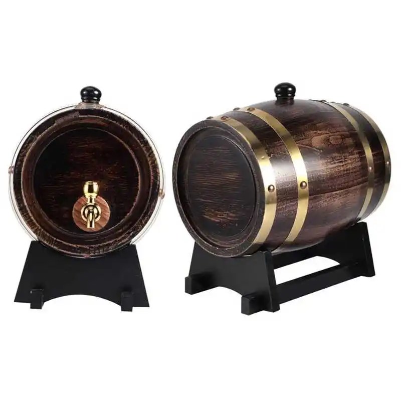 3L Wood Wine Barrel wine making tool wine barrel Retro Striped Black Wine Brandy Whisky Barrel Oak Red Bucket Container with Faucet