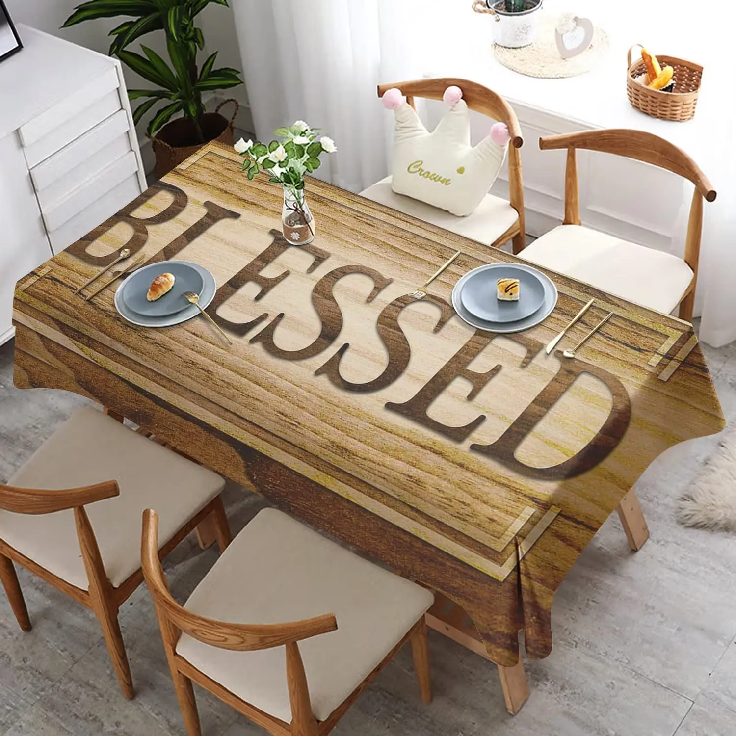 

Wood Grain Blessed Home Printing Rectangle Tablecloth Holiday Party Decorations Waterproof Fabric Tablecloth Kitchen Table Decor