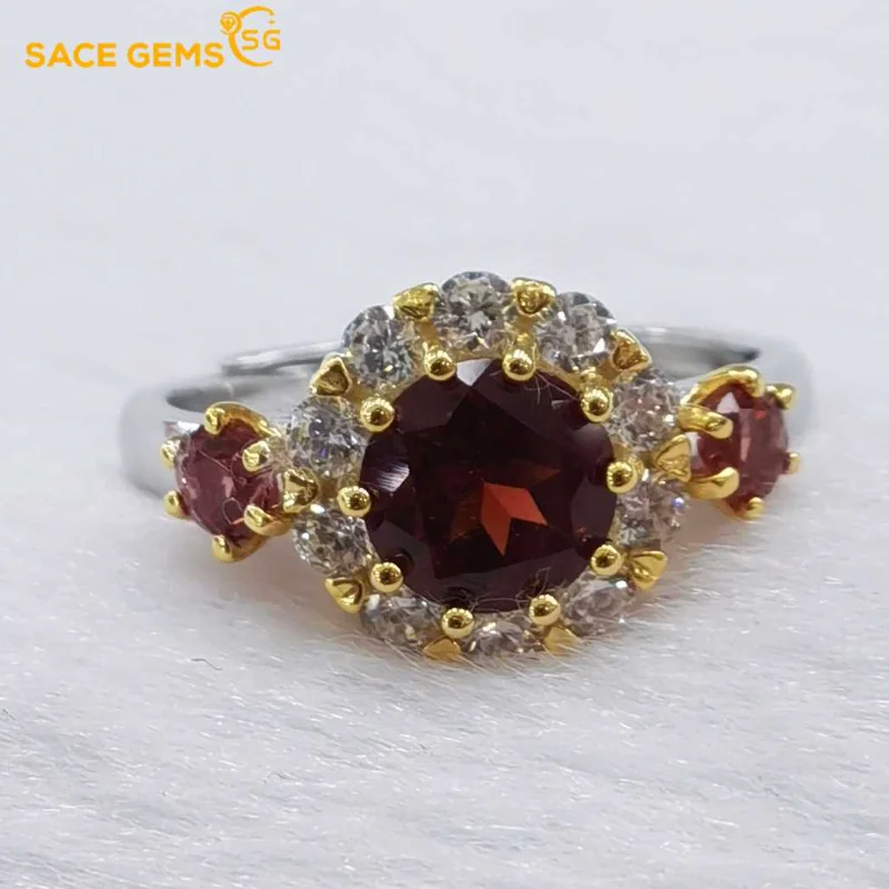 

SACE GEMS New Trend Women Jewelry Ring Resizable 925 Sterling Silver 6MM Natual Garnet Luxury Women Cocktail Party Fine Jewelry