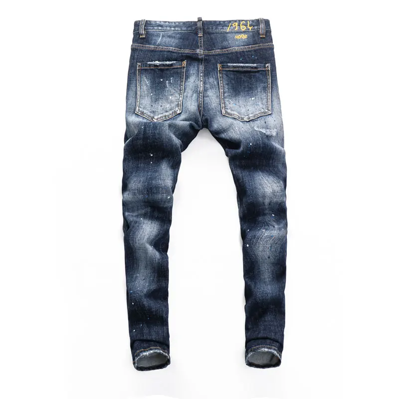 Street Fashion Men Jeans Retro Blue Stretch Skinny Fit Painted Ripped Jeans Men Embroidery Designer Hip Hop Brand Pants Hombre