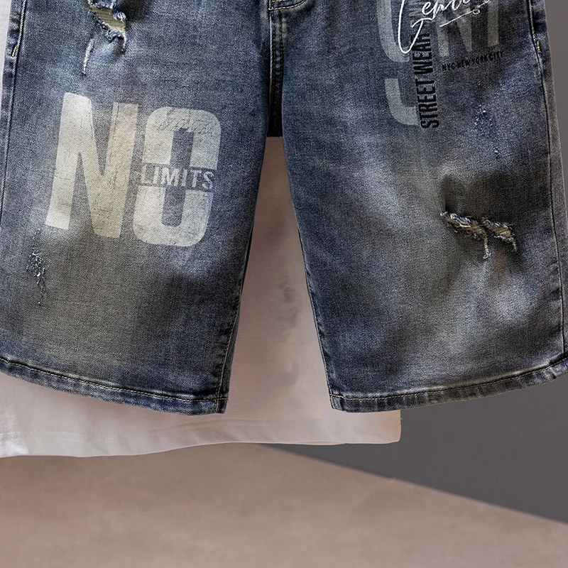 2024Summer thin denim shorts men's fashionable printed casual all-match elastic soft fashionable high-end scratch cropped pants