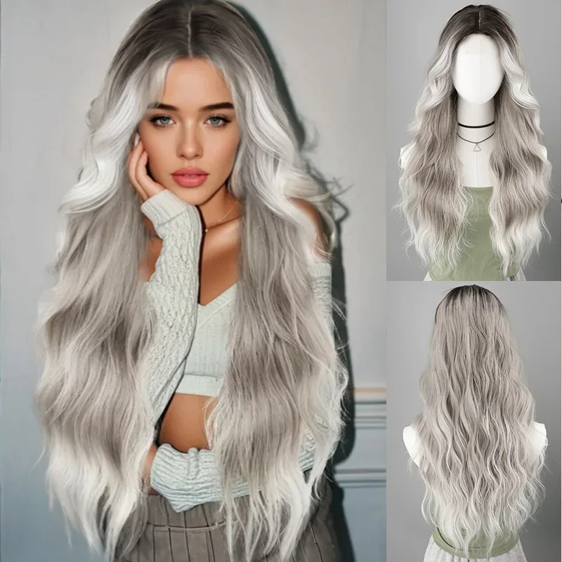 Flax gray medium water ripple long curly hair chemical fiber synthetic ...