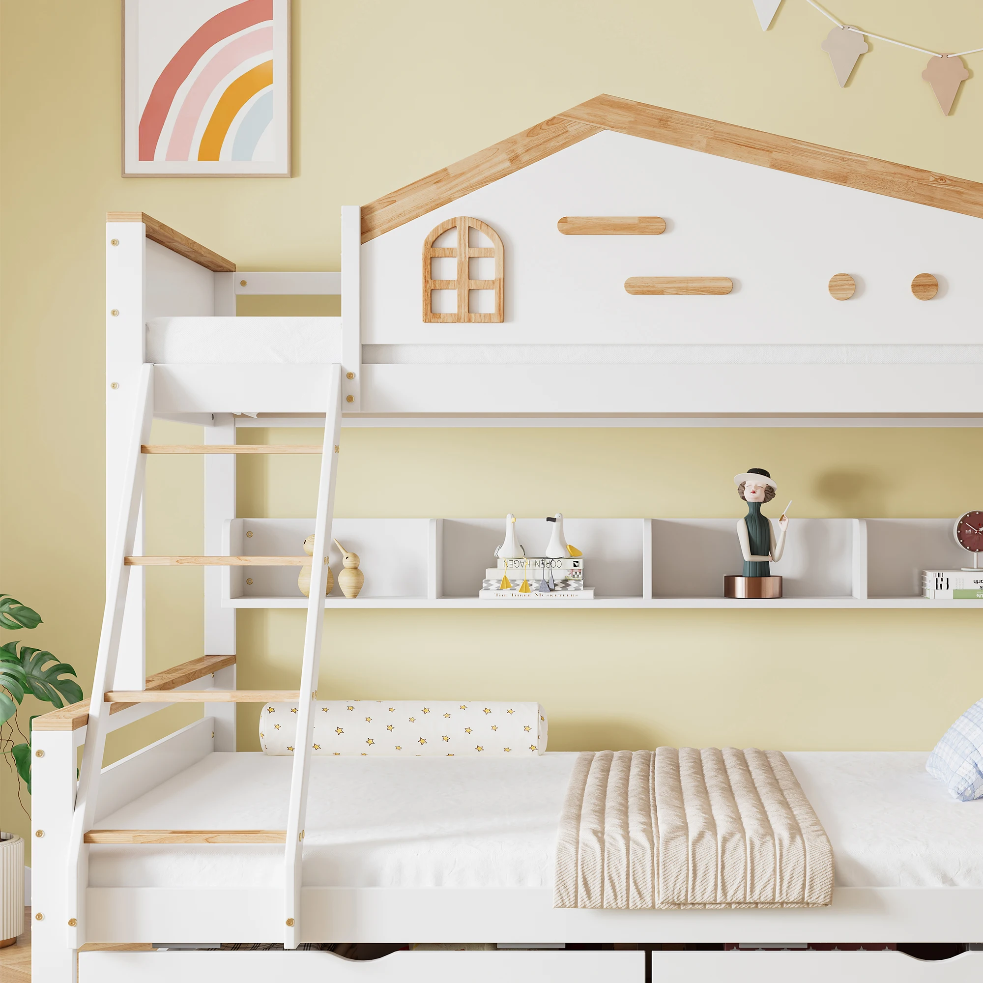 90 x 200 cm und 140 x 200 cm großes Kinder-Etagenbett, mit farbigem Fallschirmgitter, zwei Schubladen, modernes Bett mit Fenster und vierstufiger Leiter – Detail 2