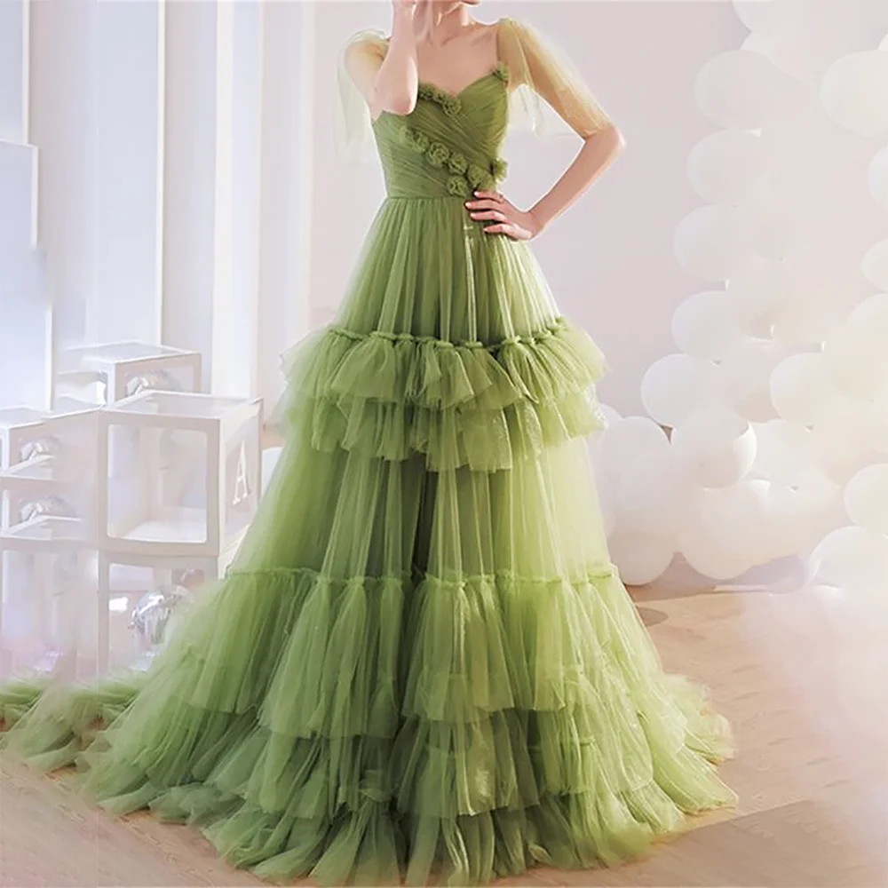 

Verngo Green/Pink/Blue Korean Party Gown Tiered Tulle Photoshoot Dresses For Women Spaghetti Straps Lace Princess Evening Dress