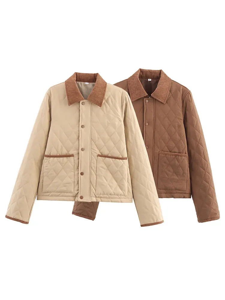 HH Women Casual Contrast Color Quilted Coat Single-Breasted Long Sleeve Jacket Elegant Woman Autumn Winter Maternity Outwear