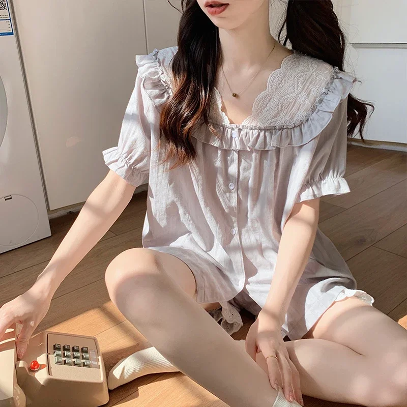 

Korean Princess Pajama Mujer Solid Color Lace Gauze Cotton Sleepwear Set Short Sleeve Top+Shorts Homewear Skin-Friendly Breathab