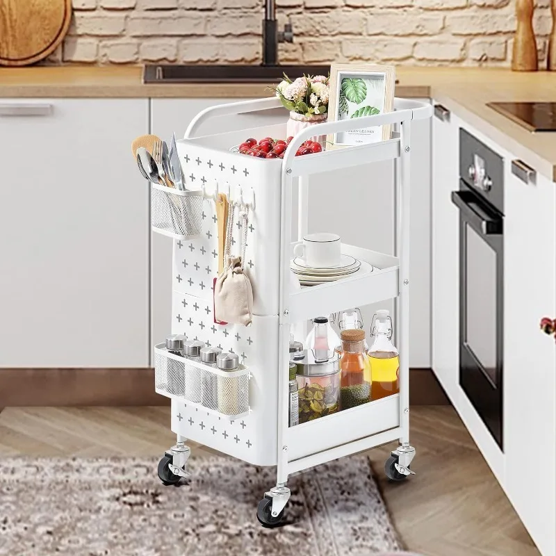 Storage rack Rolling storage cart 3-Tier Rolling Cart Metal Utility Cart Handle Lockable Wheels Hooks Bathroom Living Room