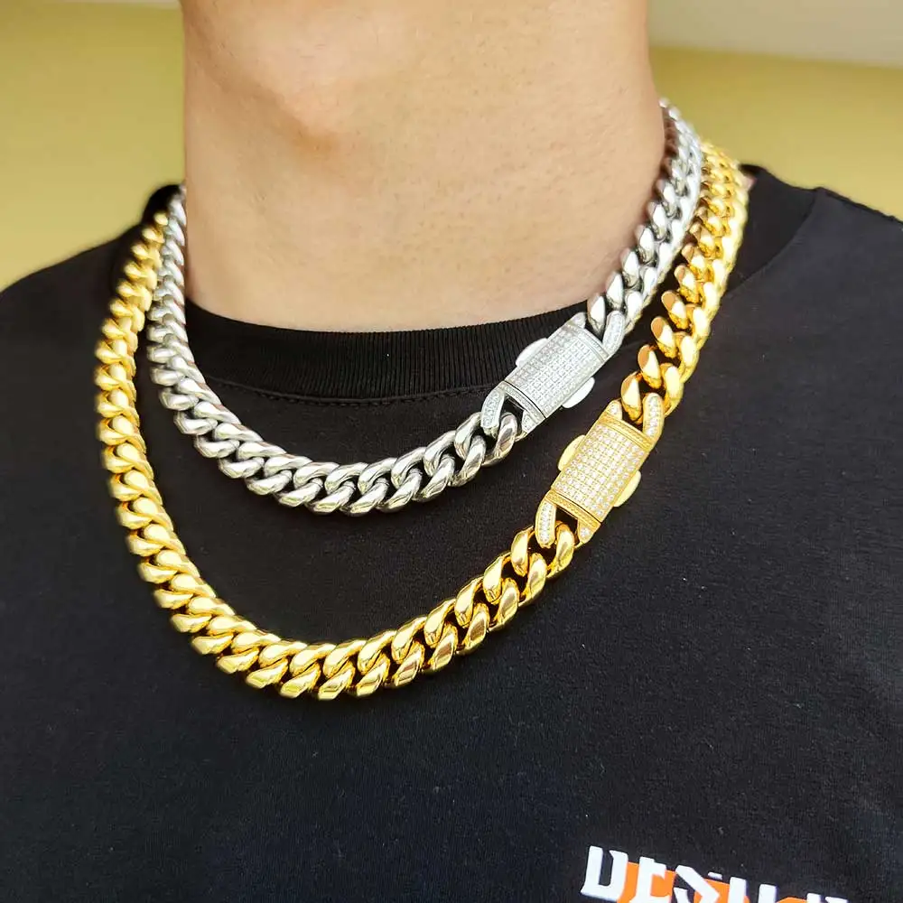 12mm Stainless Steel Miami Cuban Link Chain for Men Durable Gold Plated Solid Curb Cuban Necklace With Iced CZ Clasp