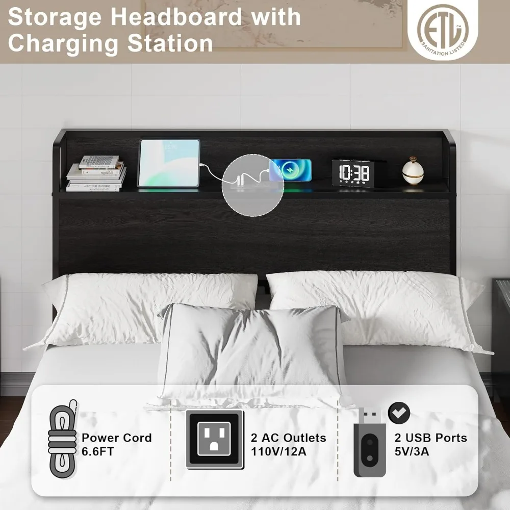 Lift Up Storage Bed Frame, Wooden Platform Bed Frame with Lifting Storage & Charging Station, No Spring Box Needed/Noise Free 6
