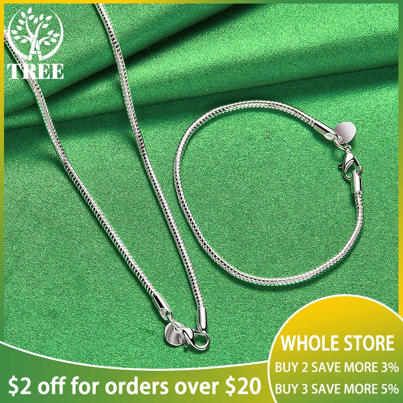 

ALITREE 2pcs 925 Sterling Silver Jewelry Set Fashion 3mm Snake Chain Necklace Bracelets For Woman Men Wedding Birthday Gift