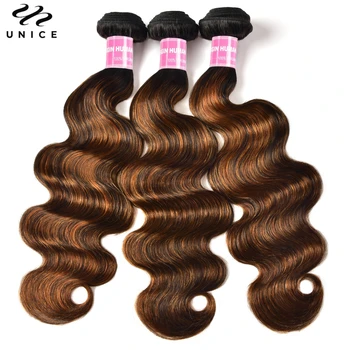 Unice FB30 Balayage Highlight Body Wave Human Hair Bundles 3PCS Deal 100% Human Hair Ombre Brown Colored Bundles Sew In Weaves 1