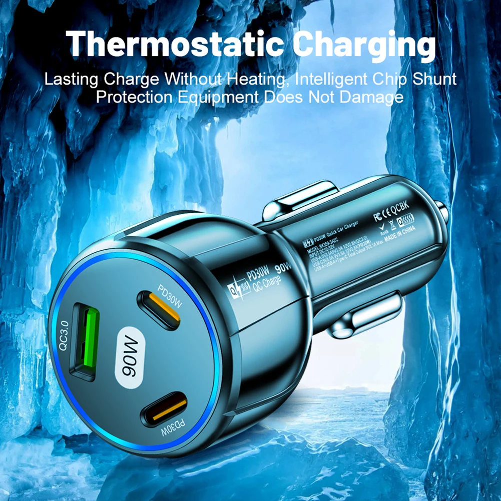 

90W LED 3 Ports Car Charger Fast Charge Portable Battery Charging Units DC12-32V Intelligent Protection For Smartphones Tablets